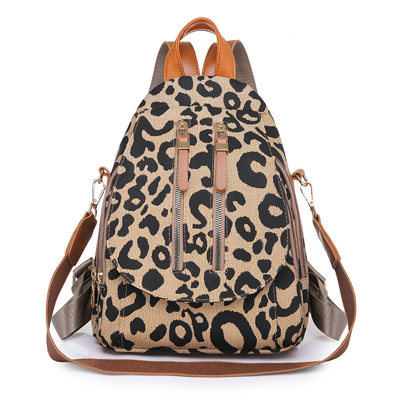 Women Fashion Leopard Pattern Zipper Design Multifunctional Large Capacity PU Backpack