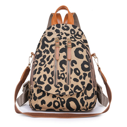 Women Fashion Leopard Pattern Zipper Design Multifunctional Large Capacity PU Backpack