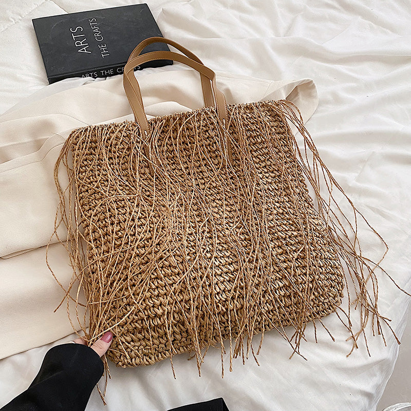Women Casual Tassel Decoration Solid Color Large Capacity Straw Shoulder Bag