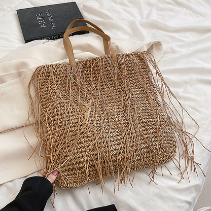 Women Casual Tassel Decoration Solid Color Large Capacity Straw Shoulder Bag