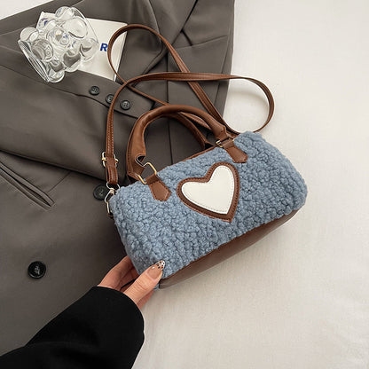 Women Fashion Casual Plush Heart Zipper Handbag