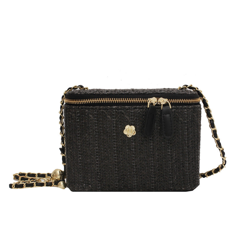 Women Fashion Simple Straw Woven Zipper Square Crossbody Bag