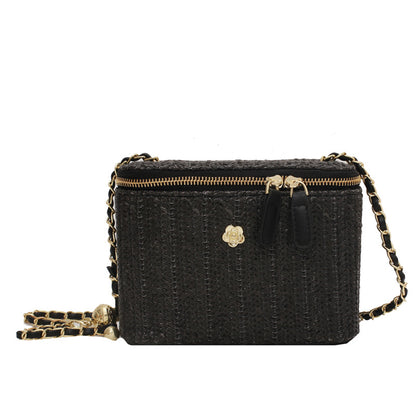 Women Fashion Simple Straw Woven Zipper Square Crossbody Bag