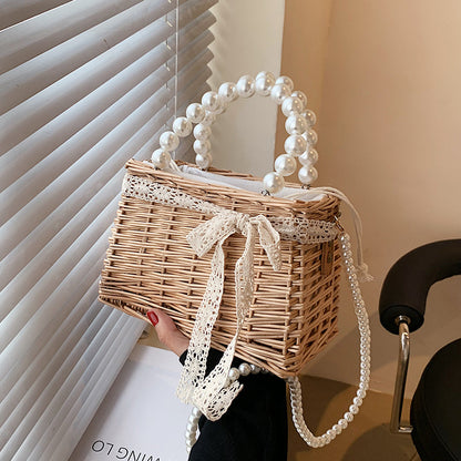 Sac à bandoulière tissé de couleur unie pour femme, motif de perles pastorales, sac de plage 