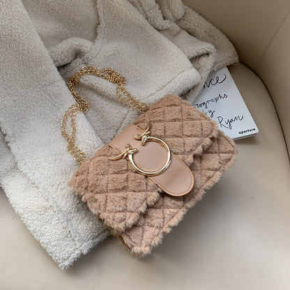 Sac à bandoulière décontracté à rabat pour femme, couleur unie, en peluche, avec chaîne 