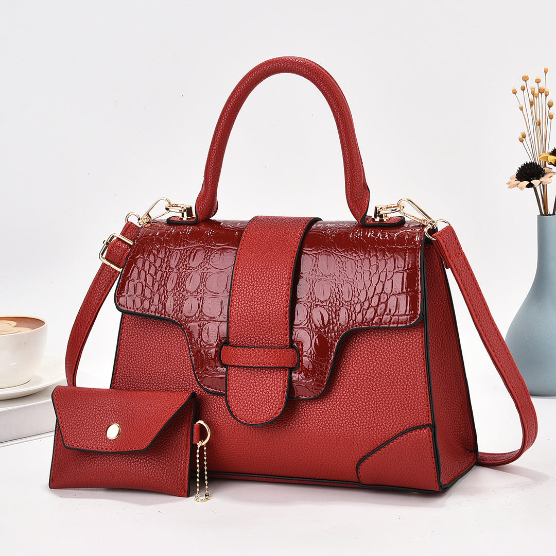 Women Fashion Casual Bright Leather Crocodile-Pattern Large Capacity Handbag Two-Piece Set