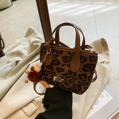 Women Fashion Casual Leopard Pendant Frosted Suede Shoulder Handbag
