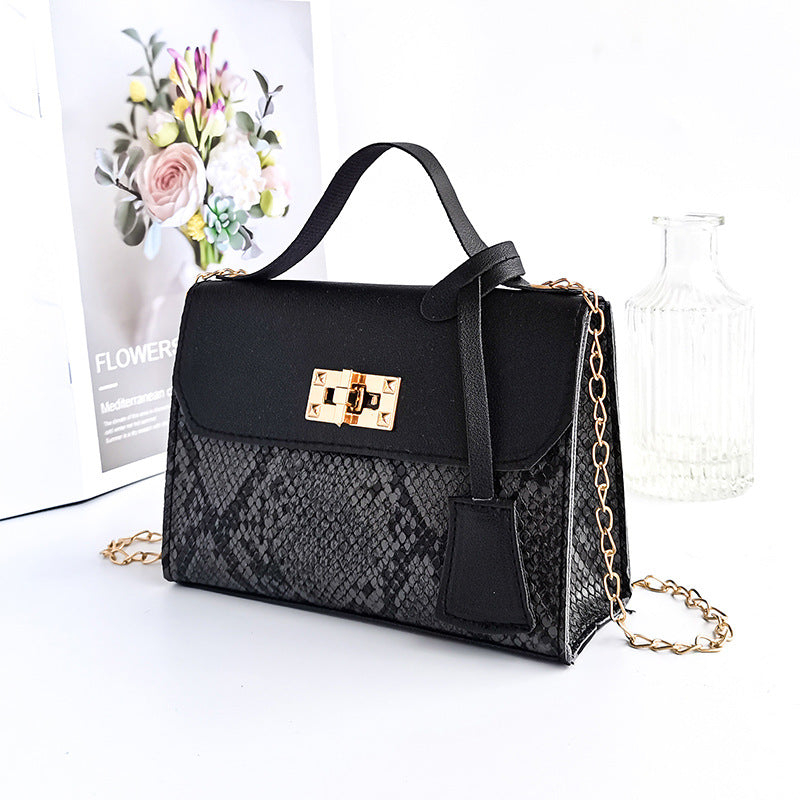 Women Vintage Flap Buckle Design Snake Pattern PU Crossbody Bag
