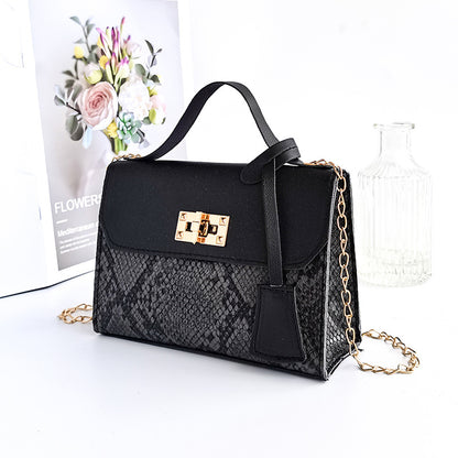 Women Vintage Flap Buckle Design Snake Pattern PU Crossbody Bag