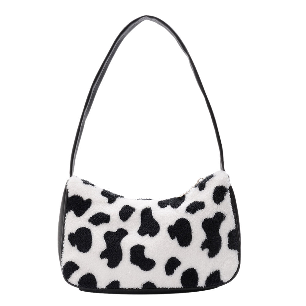 Women Fashion Chic Zebra Cow Pattern Plush Underarm Bag