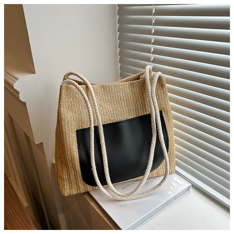 Women Summer Simple Straw Woven Large Capacity Shoulder Tote Bag