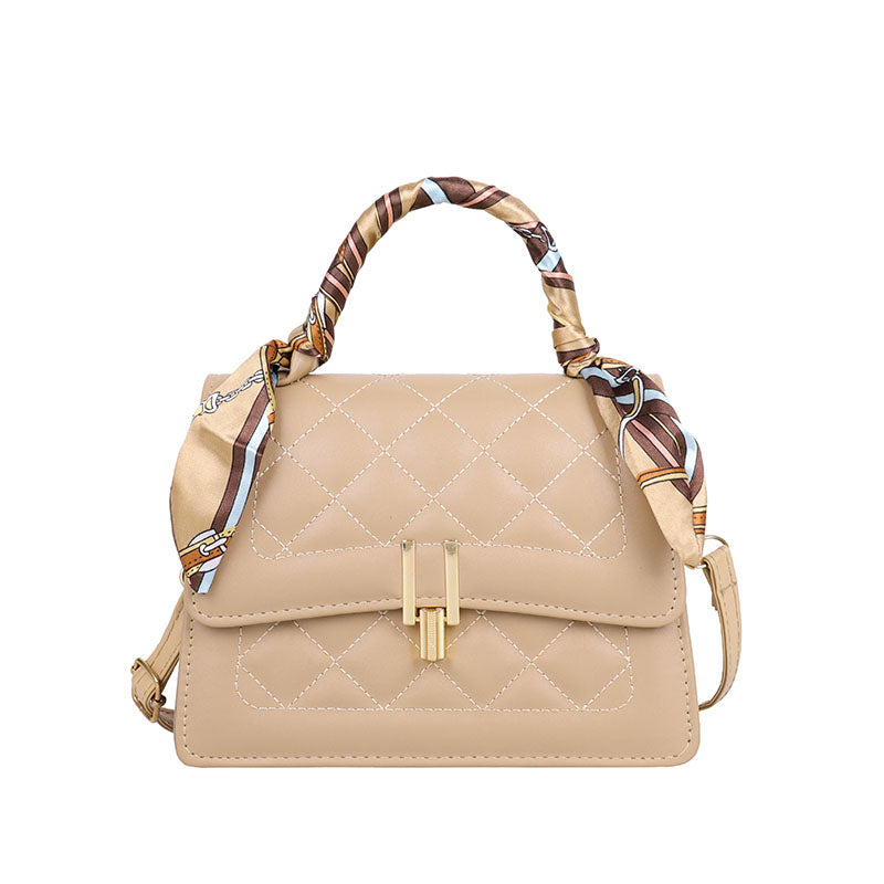 Women Elegant Silk Scarf Decorated Flap Buckle Design Rhombus Stitching Solid Color PU Crossbody Bag