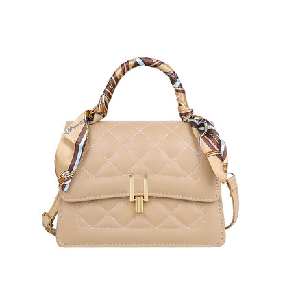 Women Elegant Silk Scarf Decorated Flap Buckle Design Rhombus Stitching Solid Color PU Crossbody Bag