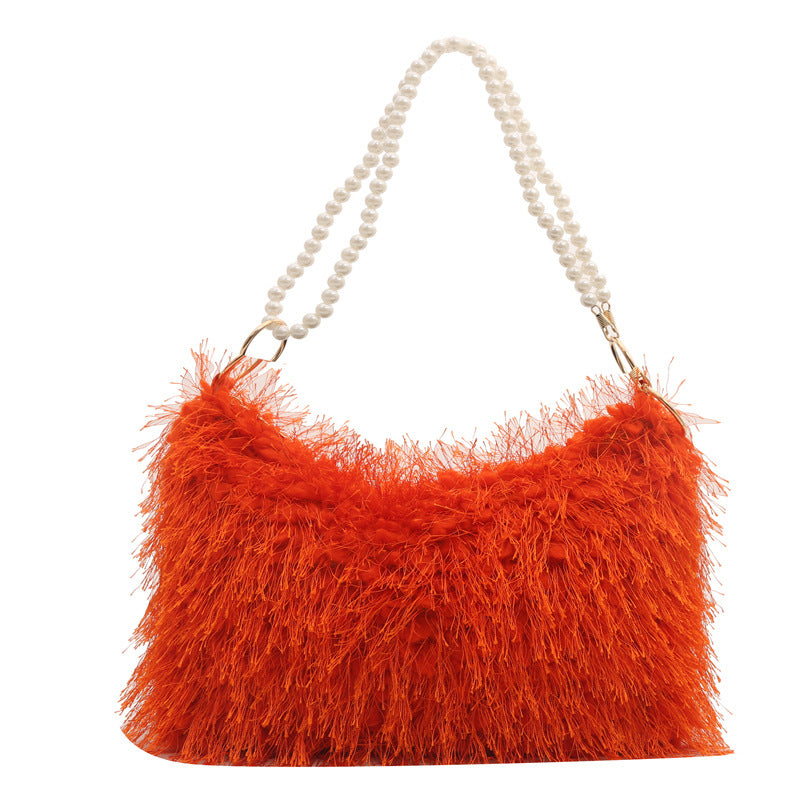 Fashion Solid Color Plush Pearl Chain Shoulder Bag