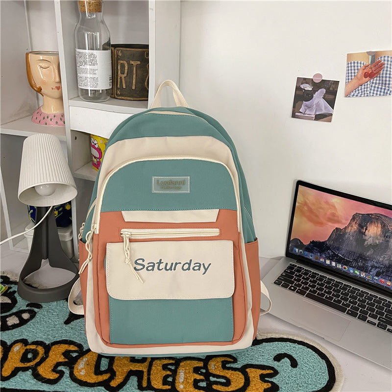 Women Casual Multi Pocket Design Letter Pattern Color Blocking Canvas Large Capacity Backpack