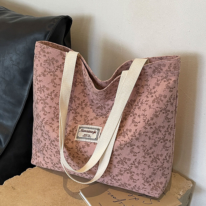 Women Fashion Casual Corduroy Floral Printed Large-Capacity Tote Bag