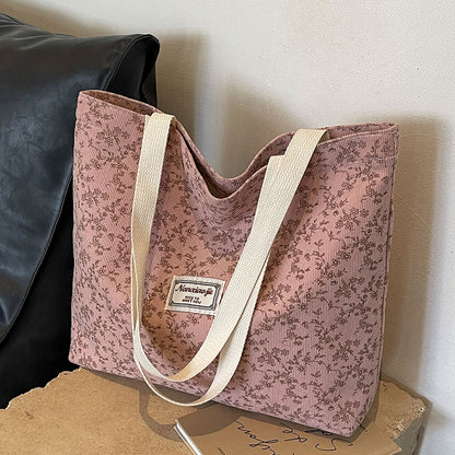 Women Fashion Casual Corduroy Floral Printed Large-Capacity Tote Bag