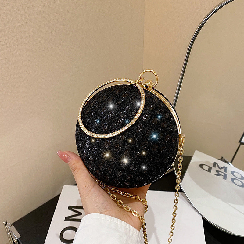 Women Fashion Elegant Round Sequin Hollow Handle Clip Chain Shoulder Evening Mini Bag