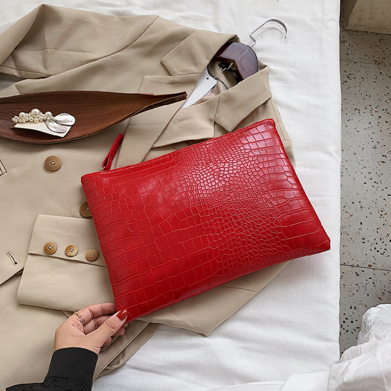 Pochette en PU à fermeture éclair et motif crocodile vintage pour femme 