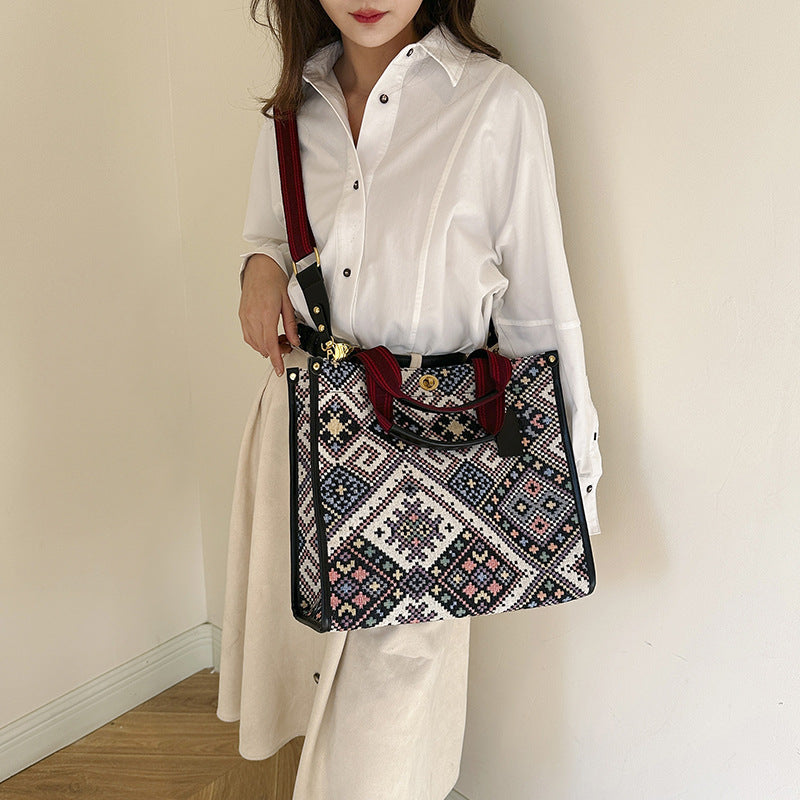 Women Fashion Large Capacity Canvas Color Block Square Tote Bag