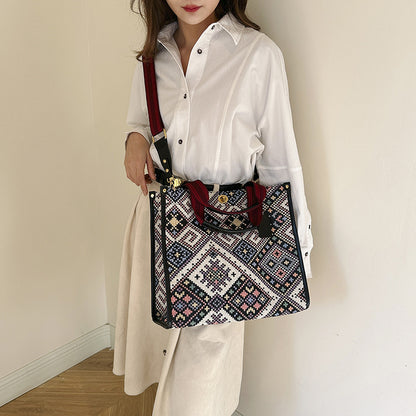 Women Fashion Large Capacity Canvas Color Block Square Tote Bag