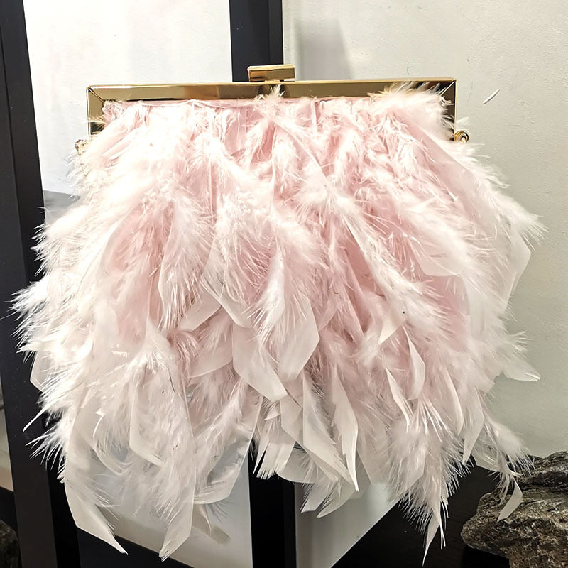 Women Fashion Trend Feather Decoration Metal Buckle Design Square Clutch Bag