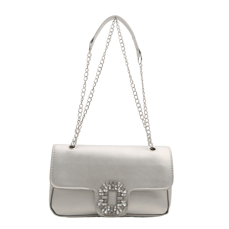 Sac à bandoulière carré élégant et tendance avec boucle en strass de couleur unie 