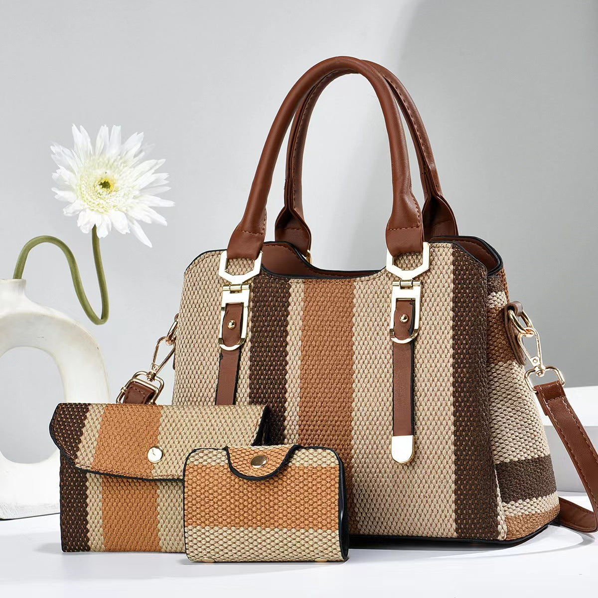 Fashion Stripe Canvas Contrast Large-Capacity Handbag Three-Piece Set