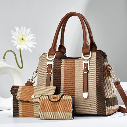 Fashion Stripe Canvas Contrast Large-Capacity Handbag Three-Piece Set