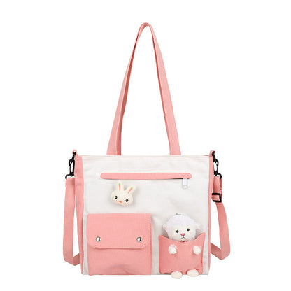 Women Cute Cartoon Doll Decoration Pocket Design Color Blocking Canvas Shoulder Bag