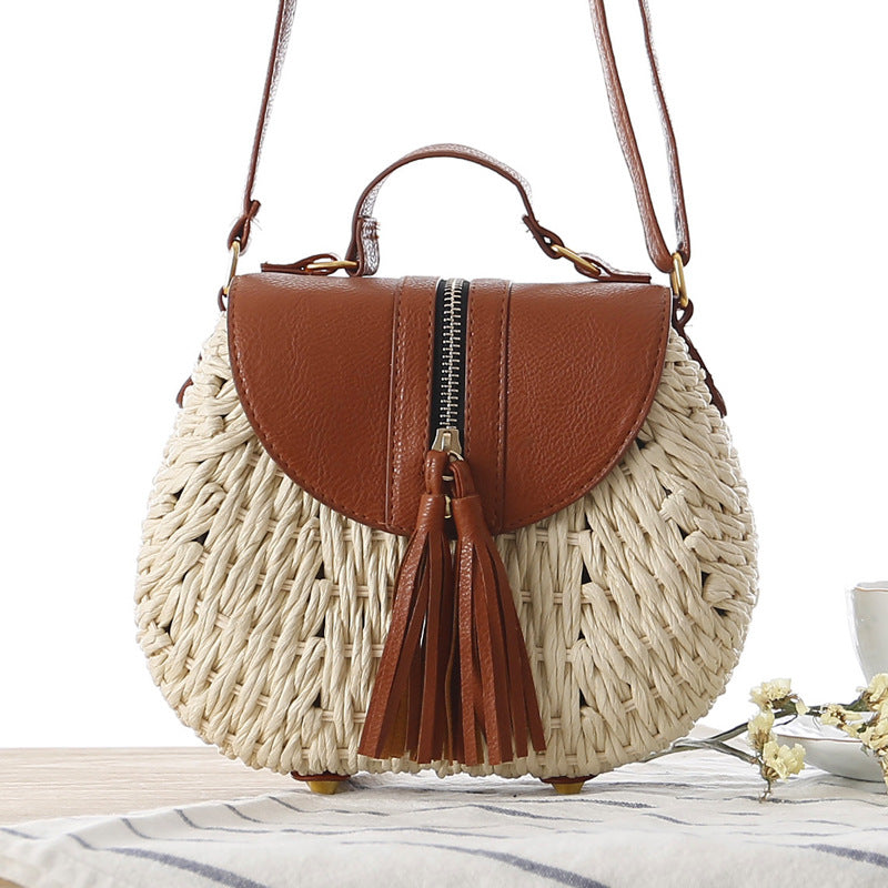 Women Fashion Simple Vacation Beach Straw Woven Color Block Tassel Zipper Flap Shoulder Bag
