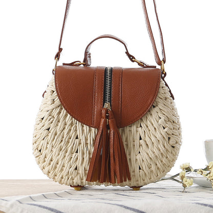 Women Fashion Simple Vacation Beach Straw Woven Color Block Tassel Zipper Flap Shoulder Bag