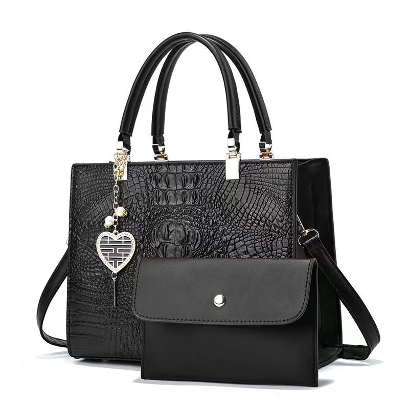 Women Fashion Bright Leather Crocodile Stone Pattern Large Capacity Handbag Set