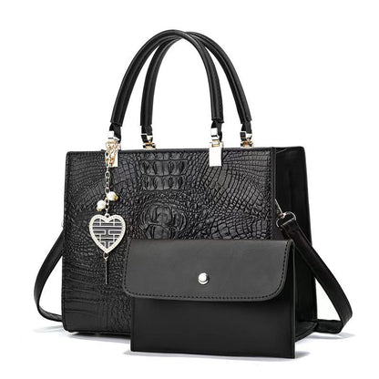 Women Fashion Bright Leather Crocodile Stone Pattern Large Capacity Handbag Set