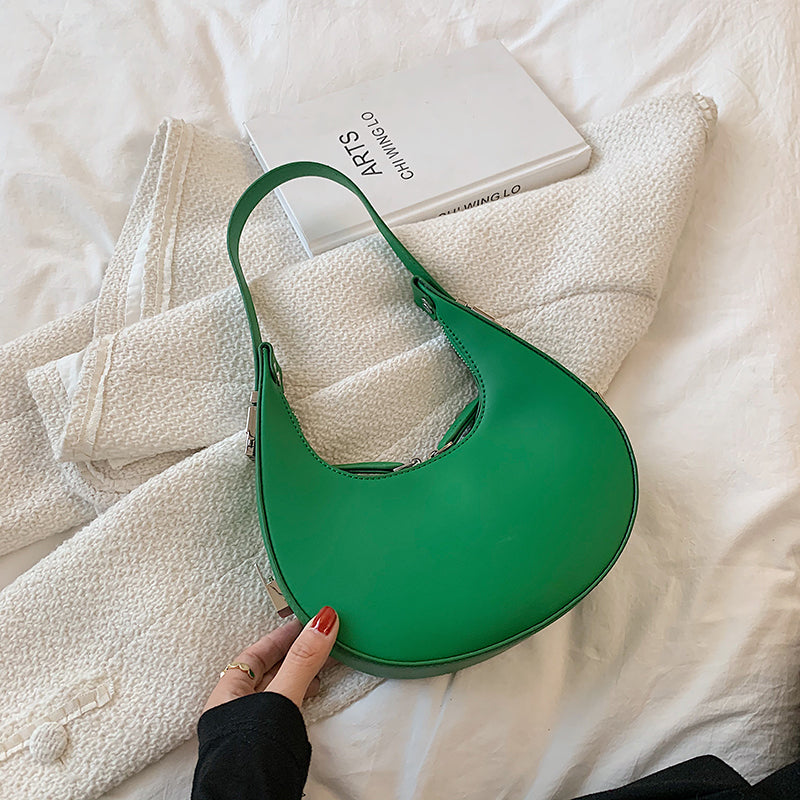 Women Chic Zipper Design Crescent Shape Solid Color PU Underarm Bag