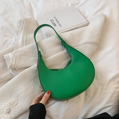 Women Chic Zipper Design Crescent Shape Solid Color PU Underarm Bag