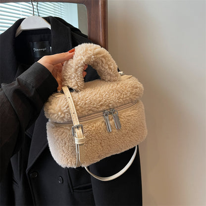 Sac à bandoulière en peluche à fermeture éclair de couleur unie pour femme, mode automne et hiver 