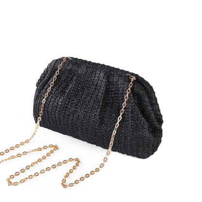 Women Fashion Solid Color Straw Woven Chain Crossbody Bag