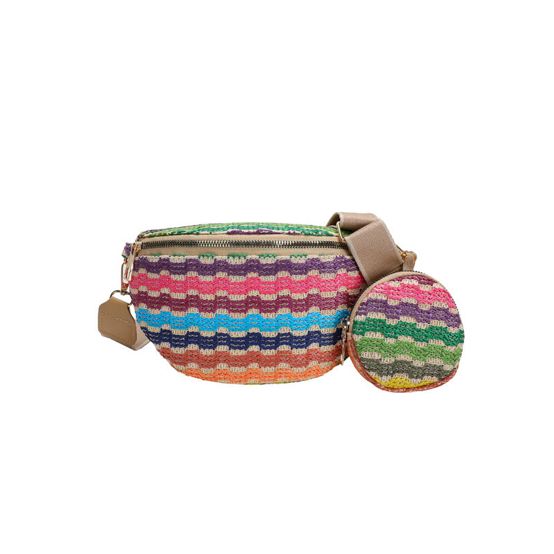 Summer Women Fashion Ethnic Style Color Block Straw Woven Crossbody Chest Bag