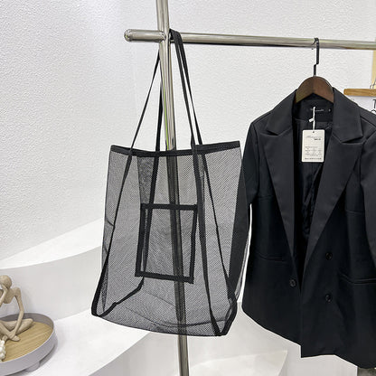 Fashion Solid Color Mesh Transparent Large Capacity Shopping Beach Bag