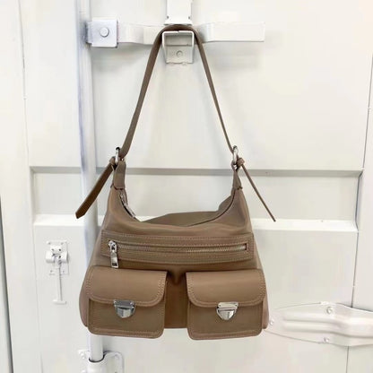 Women Fashion Simple Solid Leather Large Capacity Shoulder Zipper Underarm Bag