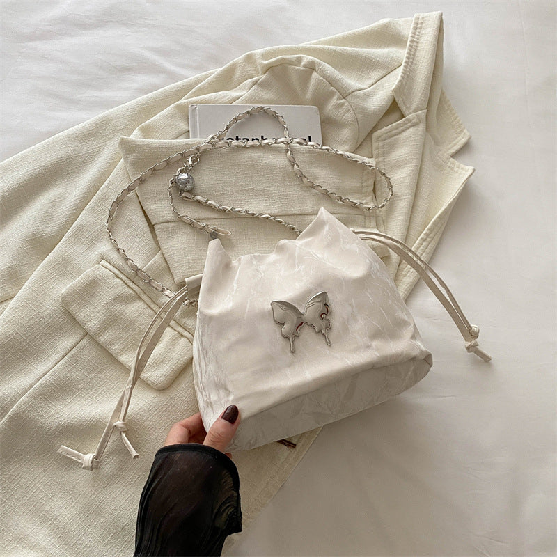 Summer Women Fashionable Solid Color Butterfly Decoration Drawstring Bucket Crossbody Bag