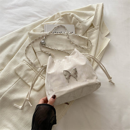 Summer Women Fashionable Solid Color Butterfly Decoration Drawstring Bucket Crossbody Bag