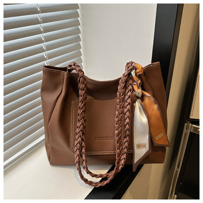 Women Fashionable Solid Color Silk Scarf Decorative Large Capacity PU Tote Bag