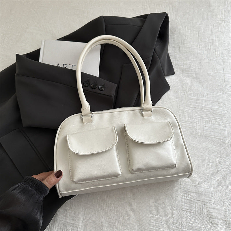 Sac à bandoulière décontracté rétro à double poche pour femme, couleur unie 