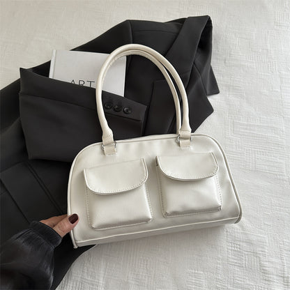 Sac à bandoulière décontracté rétro à double poche pour femme, couleur unie 