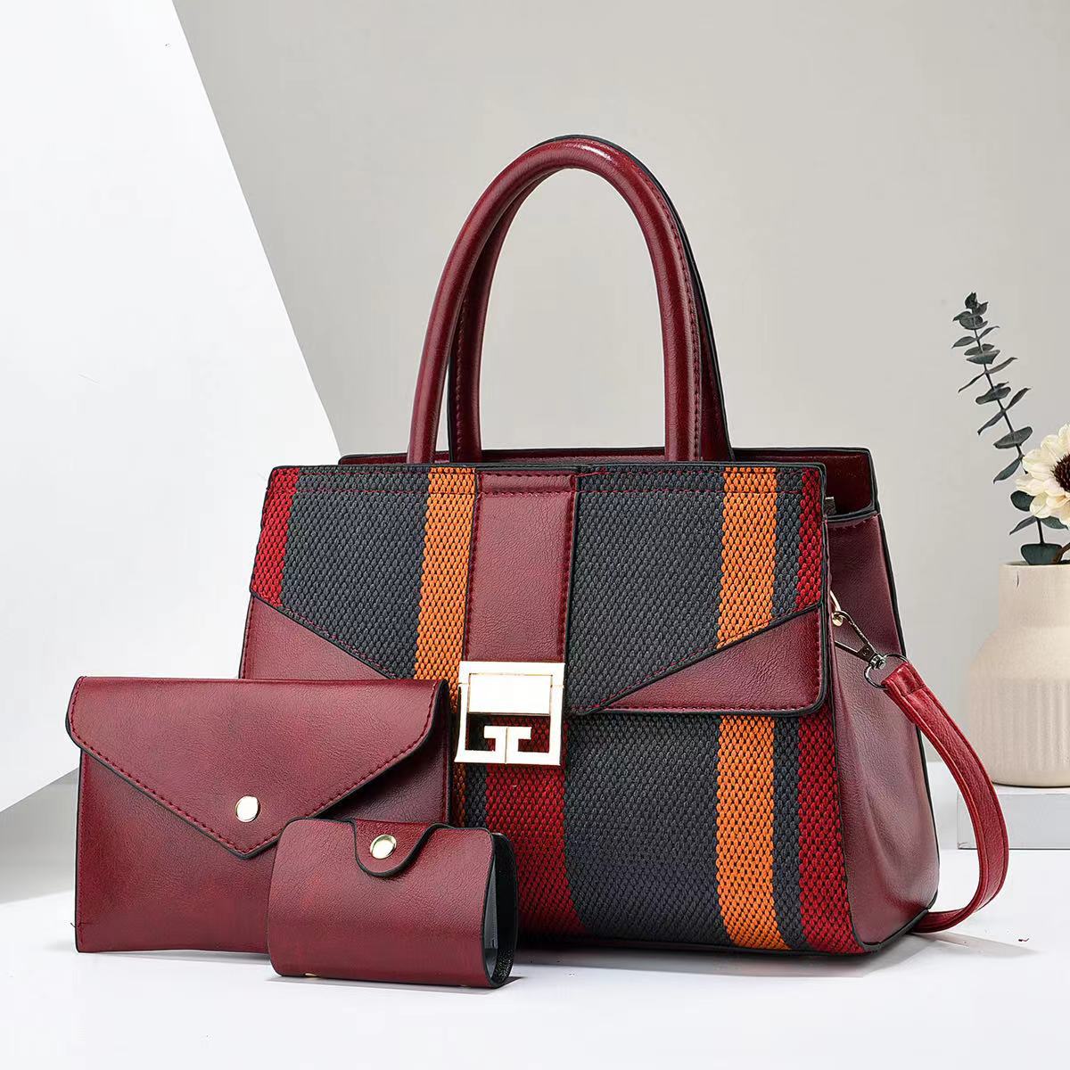 Women Fashion Casual Color Block Stripe Handbag Three-Piece Set
