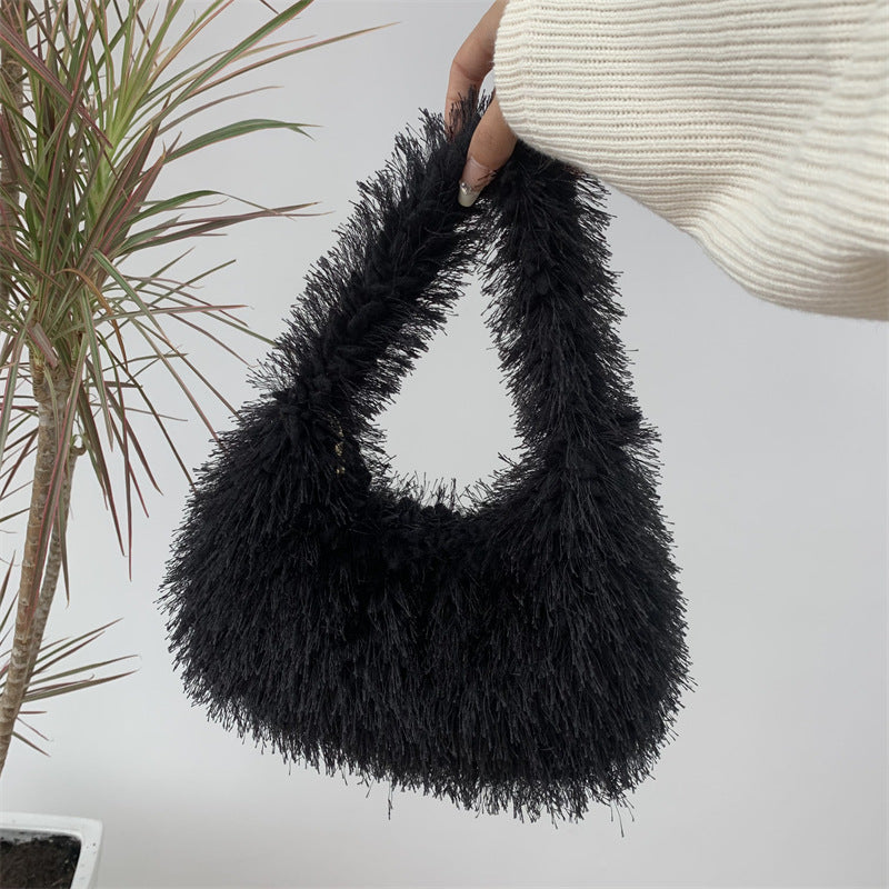Sac à main en peluche de couleur unie pour femme, tendance automne et hiver 