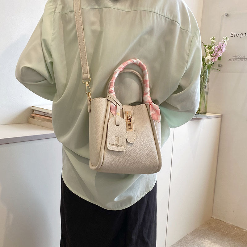 Women Simple Fashion Silk Scarf Decorative Lock PU Handle Shoulder Bag