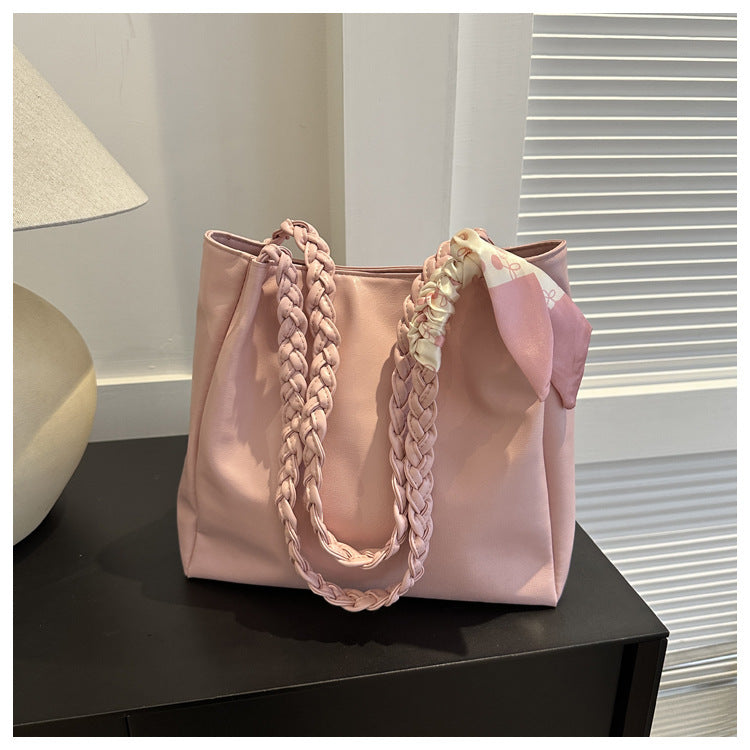 Women Fashionable Large Capacity Silk Scarf Handle Decorative PU Tote Bag